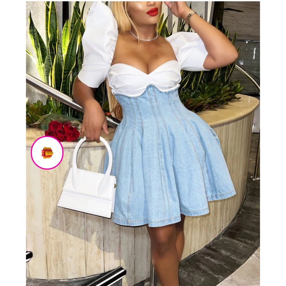 Plus Size Daily Puffy Sleeve Blue Patchwork Mini Dress
